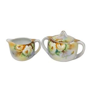 Nippon Morimura Bros Hand Painted Roses Covered Sugar Bowl & Creamer Set